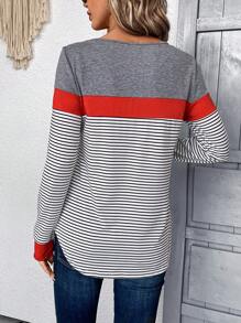 SHEIN LUNE Women's Horizontal Stripe Long Sleeve Round Neck T-shirt - Multicolor - View 2