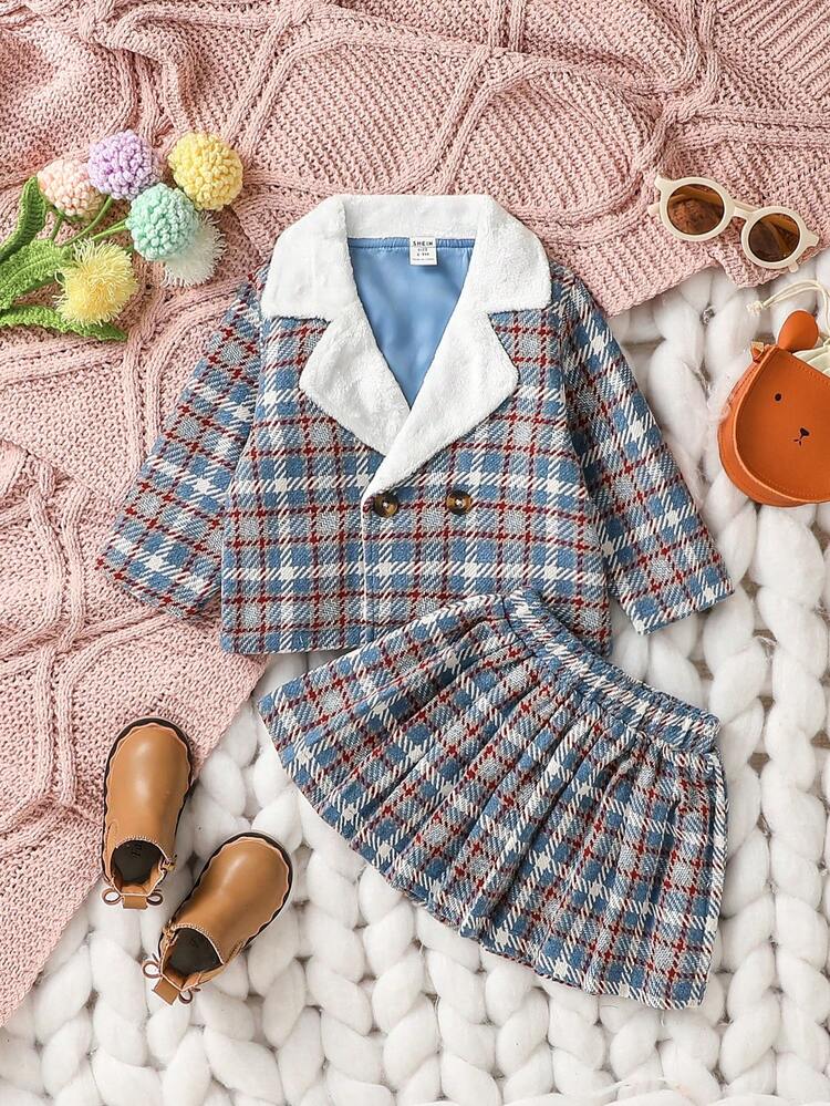Baby Girls' Street Style Plaid Suit Double-Breasted Short Coat With Lapel Collar And Pleated Skirt, Winter Warm Thermal Lined Cute Fashionable Outfits