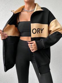 EURMUSE Women's Letter Printed Zipper Front Fleece Sweatshirt - Multicolor - View 5