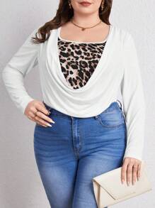 SHEIN LUNE 大尺碼豹紋拼接v領t恤 - 白色 - 查看 1