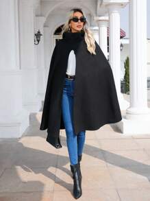 SHEIN Clasi Hooded Cape Coat - Black - View 3