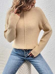 SHEIN LUNE Áo len nữ cổ đứng, kiểu dáng mùa thu đông. - Màu be - Xem 5