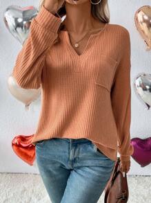 SHEIN LUNE 女款缺角 V 領華夫格針織 T 卹 - 卡其色 - 查看 3