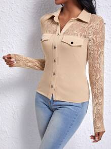 SHEIN Privé Women'S Lace Patchwork Turn Down Collar Button Up Top With Flap Detail - Khaki - View 3