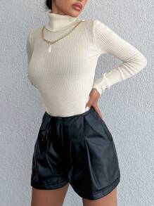 EURMUSE 高領肋紋針織毛衣 - 米色 - 查看 4