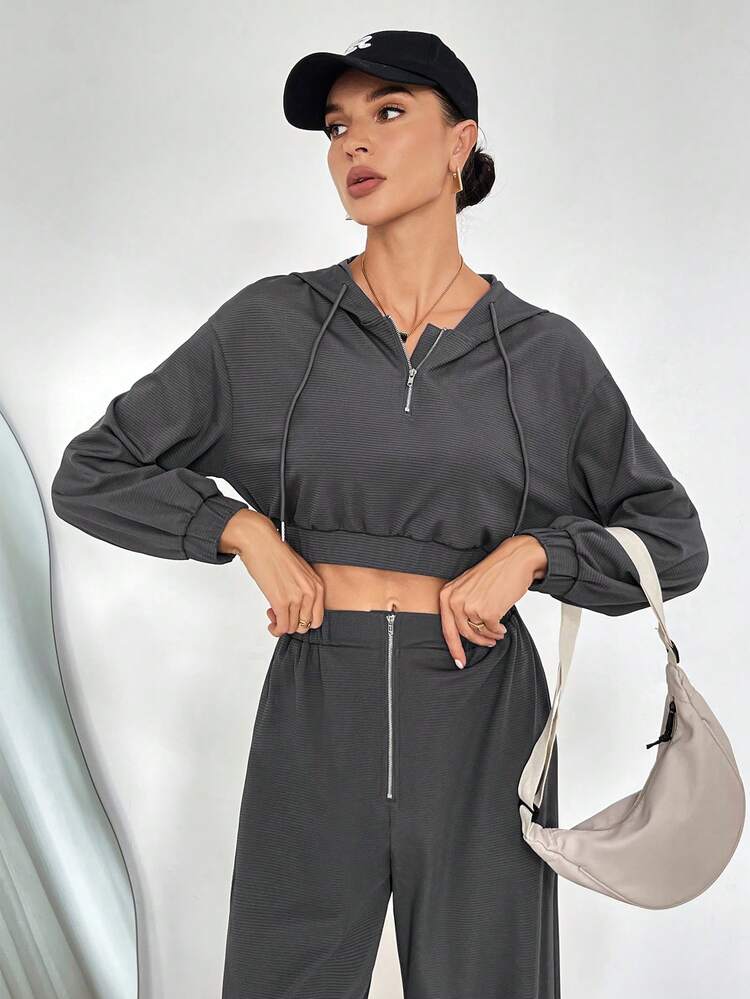 Solid Color Zipper Detail Drawstring Short Hoodie And Long Pants Set