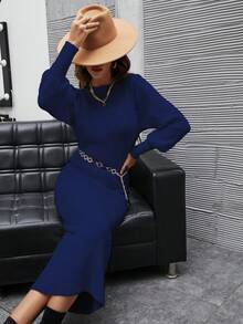 Modelyn Của phụ nữ Thon gọn Tay áo lồng đèn Dệt kim Đầm - Xanh đậm - Xem 3