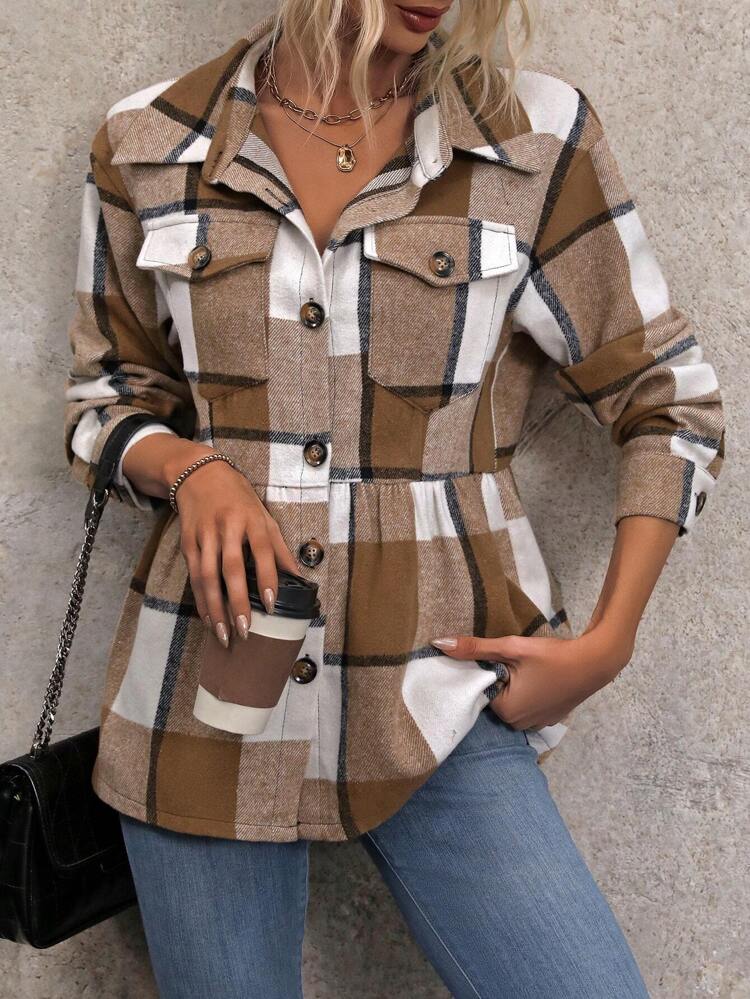 Women's Plaid Woolen Coat With Pocket