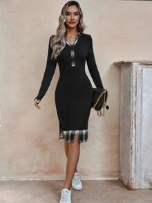 SHEIN Clasi 女款缺口領口與開衩下擺格紋拼布洋裝 - 黑與白 - 查看 4