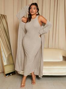 SHEIN SXY Women's Plus Size Ribbed Knit Cardigan And Sleeveless Dress Set - Apricot - View 4