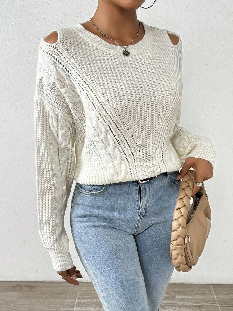 Solid Color Hollow Out Drop Shoulder Knit Pullover Fall Winter Sweater