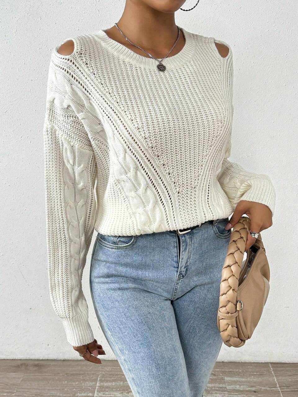 Solid Color Hollow Out Drop Shoulder Knit Pullover Fall Winter Sweater