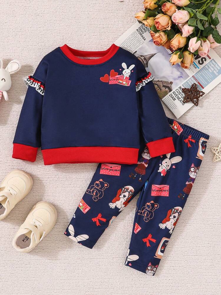 Baby Girls' Cartoon Printed Sweatshirt And Pants Set