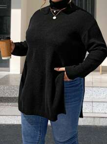 SHEIN CURVE+ 女款大尺碼高領純色開叉下擺毛衣 - 黑色 - 查看 1