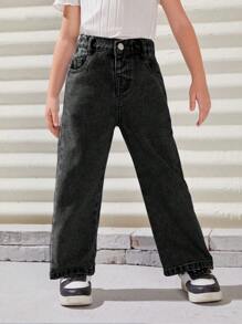 Young Girl Slant Pocket Straight Leg Jeans - Black - View 4