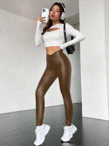 SHEIN Essnce Leggings De Compresión Con Cintura Superpuesta - Marrón Mocha - Ver 4