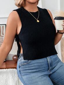 Calvaya Plus Size Knitted Short Top With Side Strap Detail - Black - View 6