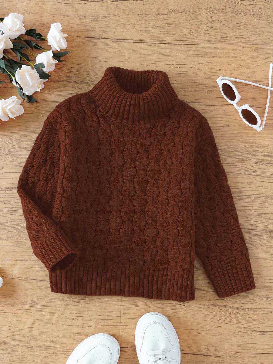 SHEIN Bé gái Áo cao cổ Màu thuần Áo len - Cà phê nâu - Xem 1