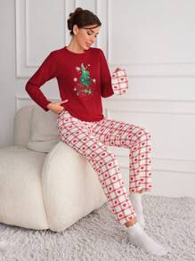 RueChic Women's Christmas Pattern Pajamas Set - Red and White - View 1