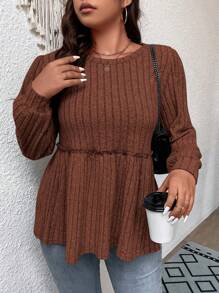 Flirla Talla grande Camiseta unicolor ribete fruncido peplum - Café integral - Ver 3