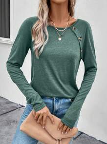 SHEIN LUNE Women's Raglan Sleeve Pullover T-shirt - Green - View 4