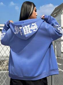 SHEIN EZwear CURVE Áo nỉ cỡ lớn in chữ - Màu xanh lam - Xem 2