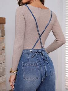 SHEIN LUNE 前紐扣喇叭牛仔背帶褲不帶T恤 - 藍色 - 查看 6