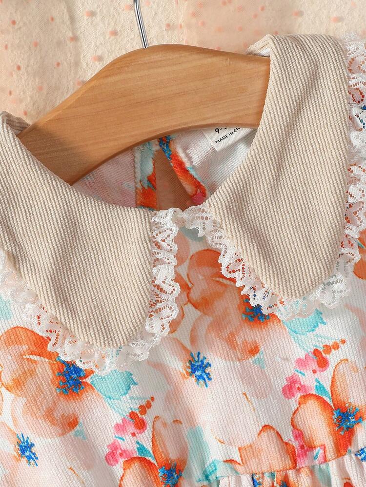 Lovely Vacation Style Baby Girls' Lace Peter Pan Collar Princess Dress With Floral Print, Corduroy Fabric, Waistband, Fashionable, Autumn And Winter