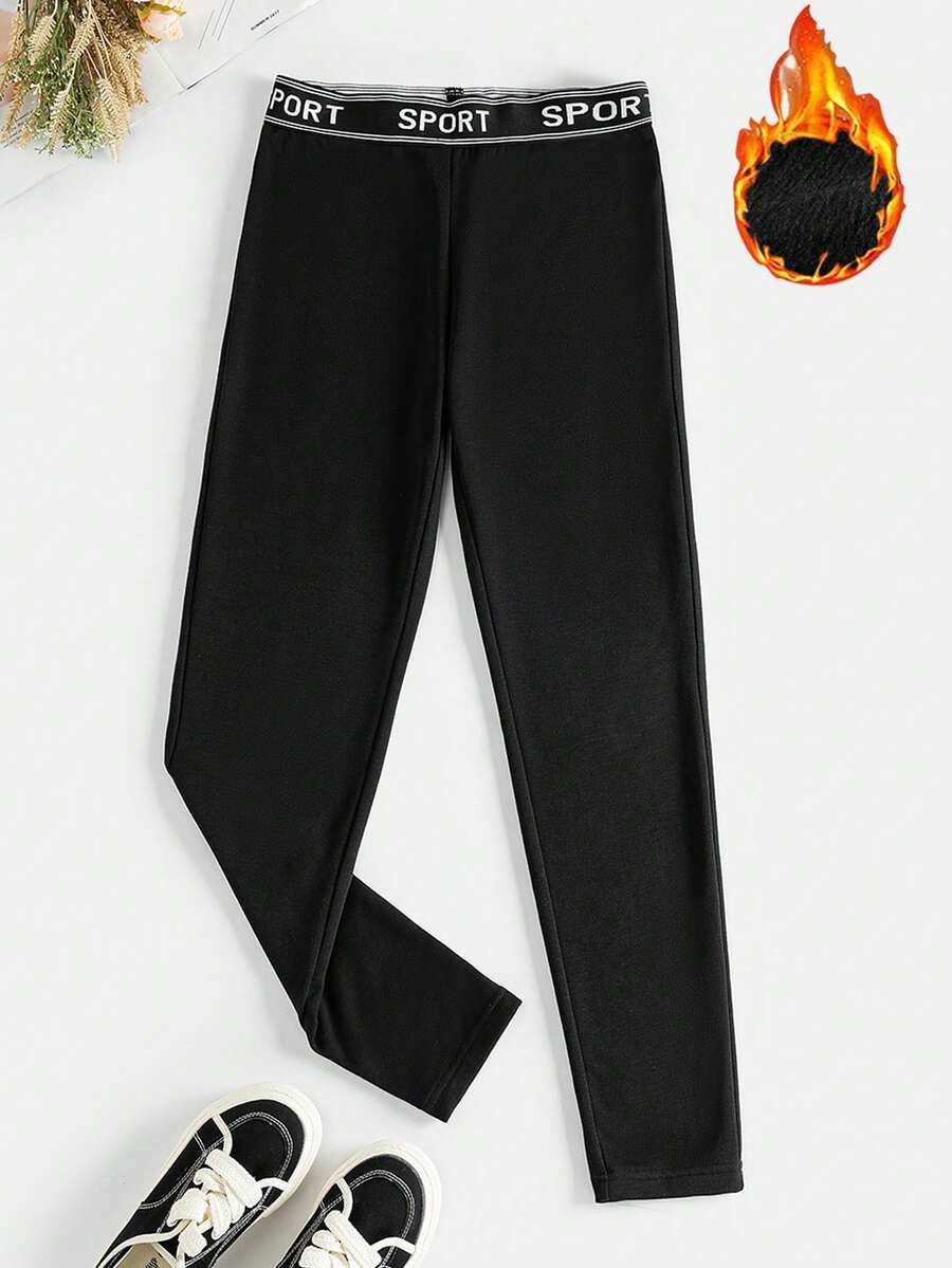 SHEIN LUNE 女款字母印花細節緹花腰帶緊身褲 - 黑色 - 查看 1