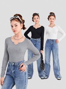 SHEIN 3pcs/Set Teen Girl Solid Color V-Neck Long Sleeve Casual T-Shirt Set - Multicolor - View 1