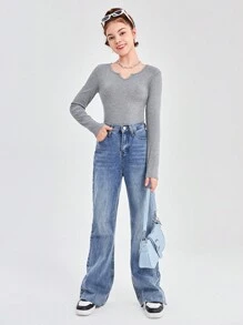 SHEIN 3pcs/Set Teen Girl Solid Color V-Neck Long Sleeve Casual T-Shirt Set - Multicolor - View 4