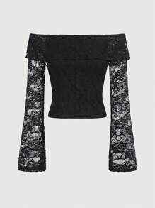 ROMWE Fairycore Women's Off Shoulder Lace Top - Black - View 1