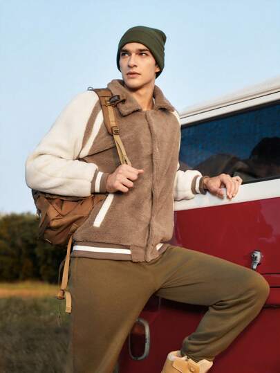 In My Nature 男士拼接插肩袖條紋飾邊戶外搖粒絨夾克