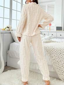 荷葉邊飄帶袖睡衣套裝 - 米色 - 查看 2