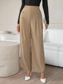 SHEIN Privé Women's Double-breasted Buttoned Trousers - Khaki - View 3