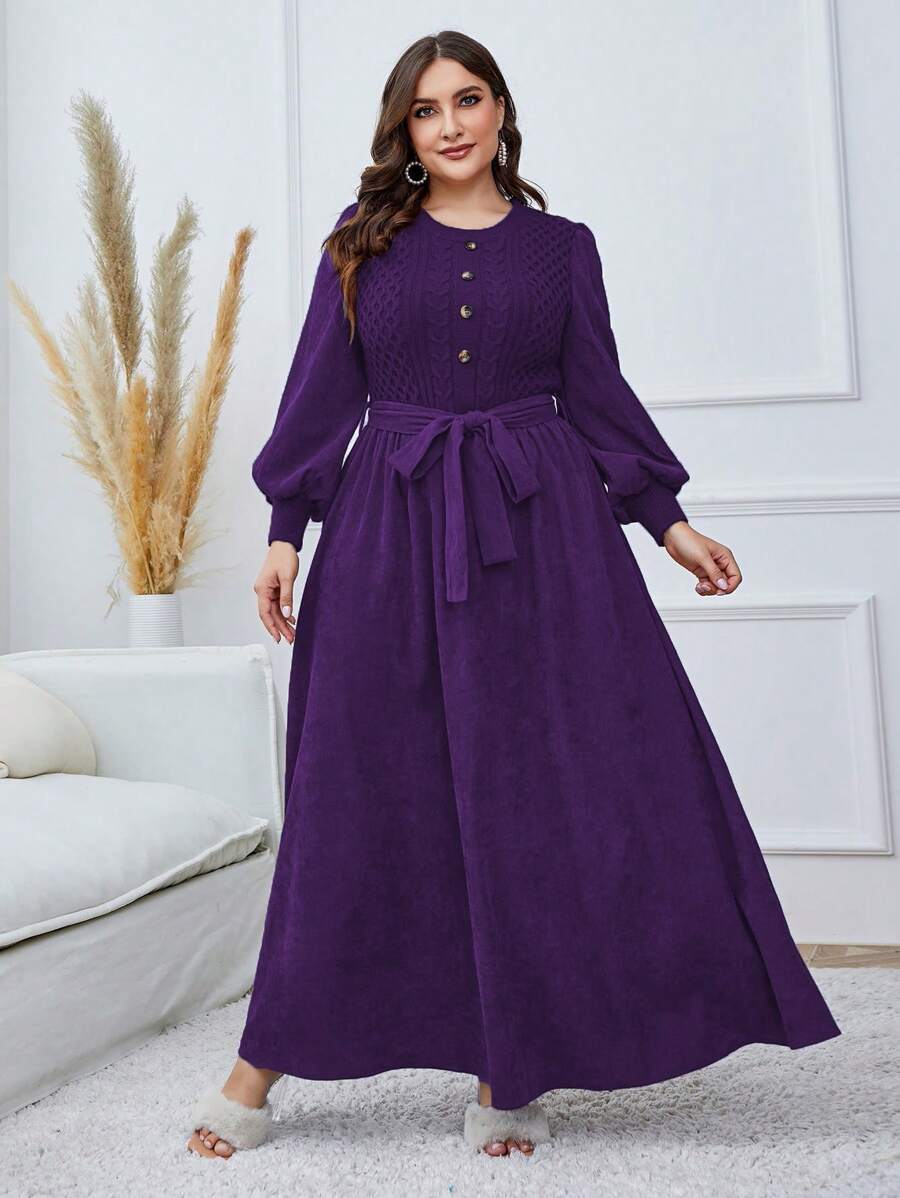 Mulvari Váy ren thắt lưng cỡ lớn, cho mùa đông, trang phục vải nhung dài cho phụ nữ - Màu tím - Xem 1