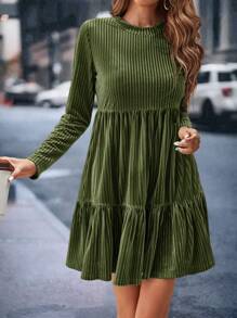 SHEIN Clasi Women's Long Sleeve Ruffle Hem Dress - Army Green - View 5
