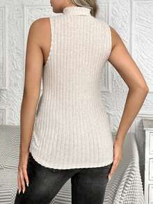 SHEIN 孕婦立領肋紋背心 - 卡其色 - 查看 2