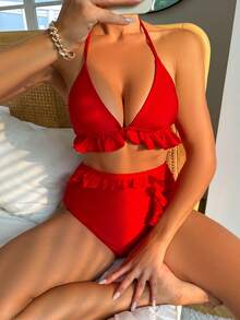 Ladies' Red Lace Trim Halter Neck Bikini Set - Red - View 5