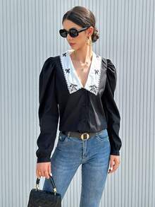 SHEIN Privé Flower Embroidery Bubble Sleeve Shirt With Patchwork Collar - Black - View 3
