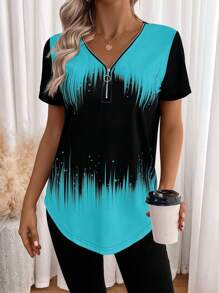 SHEIN LUNE 女士拉鍊領口拼接顏色分區拼接弧形圓擺t恤 - 藍色 - 查看 4