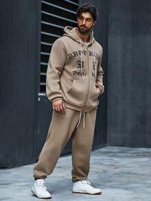 Manfinity Homme Men's Plus Size Letter Printed Hoodie And Pants Set - Apricot - View 4