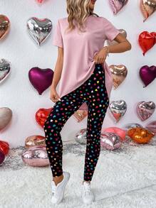 SHEIN LUNE Women's Plain T-shirt And Colorful Love Pattern Leggings 2pcs Set - Multicolor - View 1
