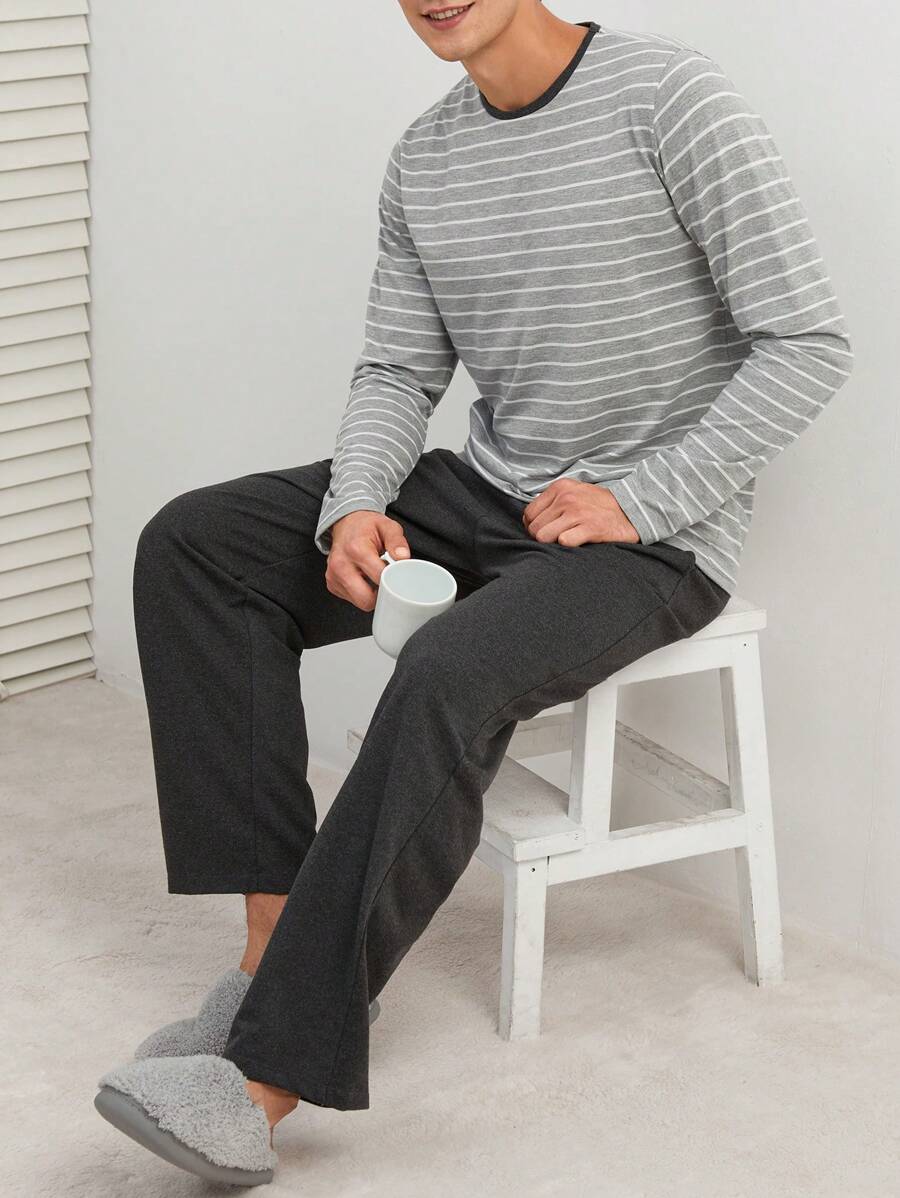 SHEIN Cottnline Men's Striped Homewear Set - Light Grey - View 1