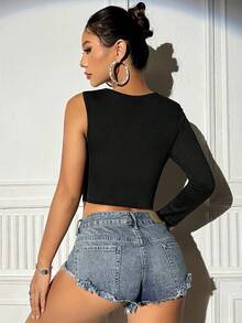 SHEIN Unity 女士不对称领口镂空上衣 - 黑色 - 查看 2