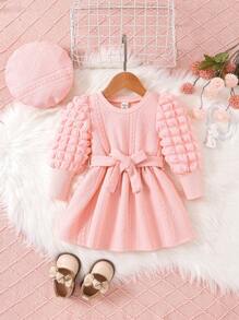 Baby Girls' Pink Textured Knitted Dress And Hat - Pink - View 1
