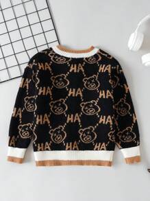 SHEIN Cárdigan Color Block Con Estampado De Letras Y Estampado De Oso Para Niño Pequeño Con Ribete De Canalé