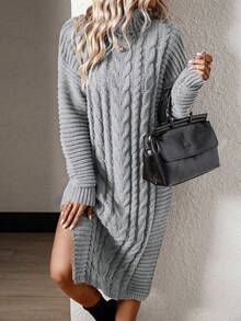 SHEIN LUNE Women'S Drop Shoulder Knitted Sweater Dress - Grey - View 6