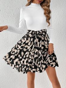 SHEIN Frenchy 女士豹紋立領腰帶連衣裙 - 彩色 - 查看 5