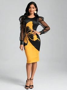 SHEIN Clasi 女士蝴蝶印花網眼拼接長袖連衣裙 - 黃色 - 查看 4